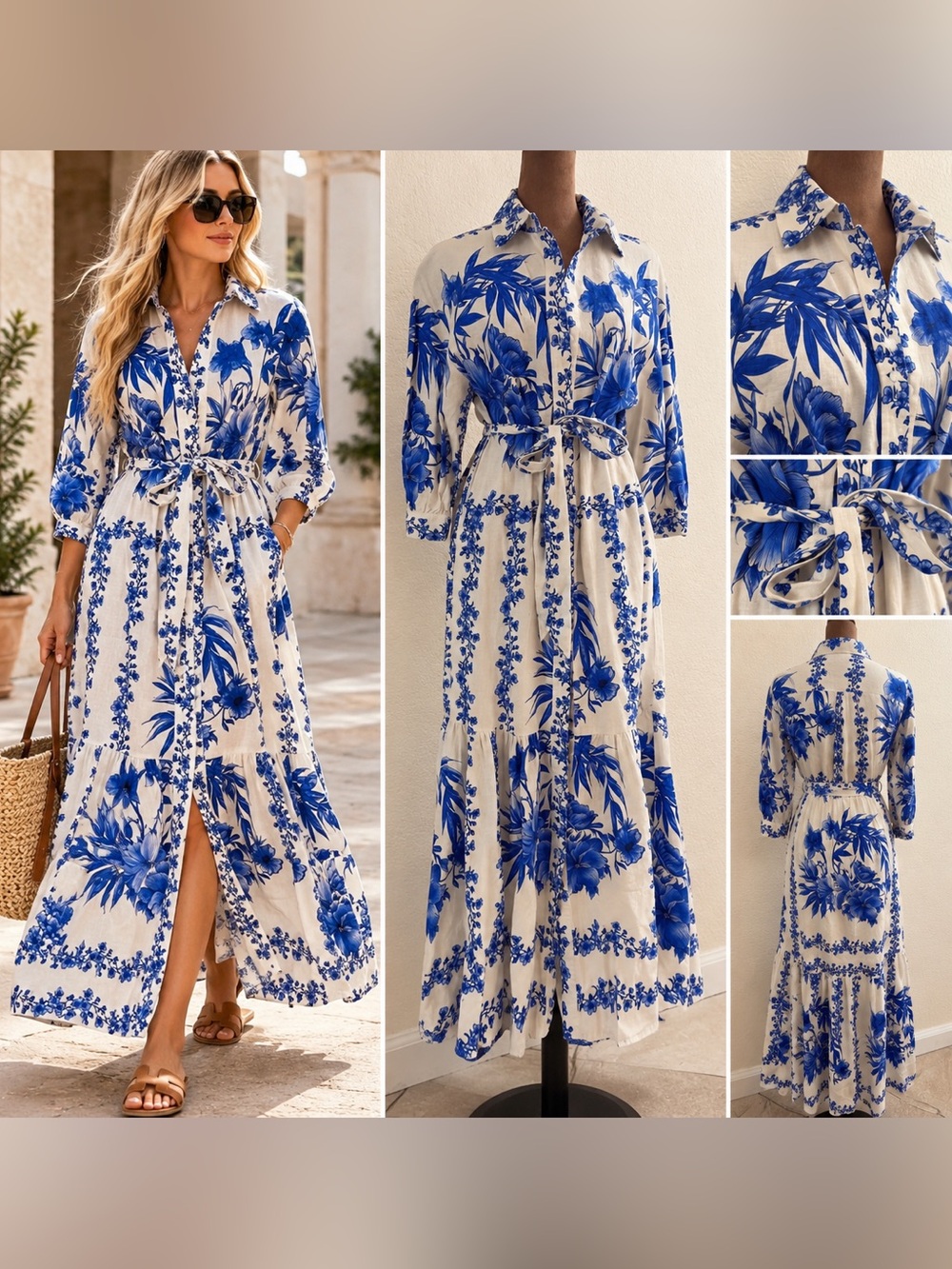 Calypso St. Barth Blue White Botanical Floral Belted Maxi Dress Size s/p